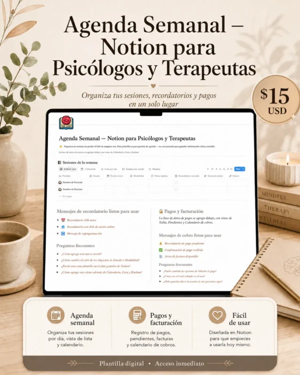 Agenda Semanal Notion para Psicólogos y Terapeutas | Gestión de Sesiones y Pagos