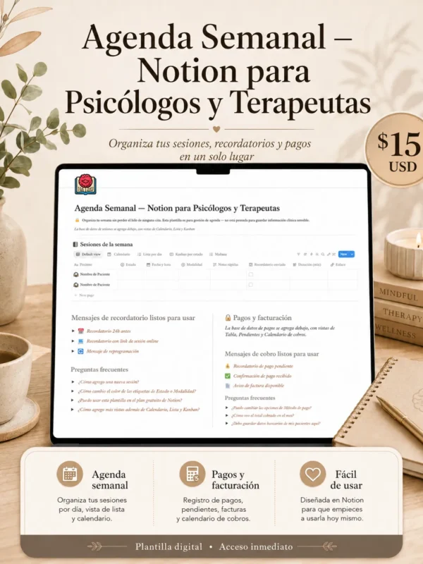 Agenda Semanal Notion para Psicólogos y Terapeutas | Gestión de Sesiones y Pagos