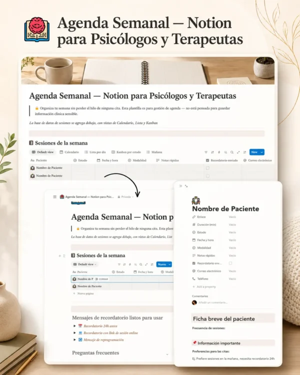 Agenda Semanal Notion para Psicólogos y Terapeutas | Gestión de Sesiones y Pagos