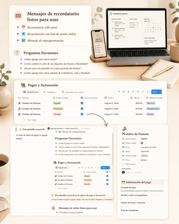 Agenda Semanal Notion para Psicólogos y Terapeutas | Gestión de Sesiones y Pagos